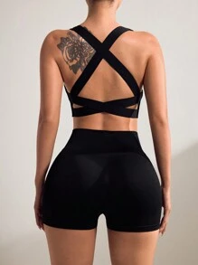 Easithlete Women's Cross Back Hollow Out Crop Top And Short Leggings Sports Set, Solid Color - Black - View 3