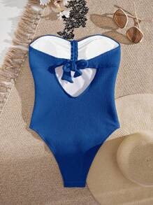 SHEIN Swim 夏季沙灘女性純色露肩收緊單片式泳裝 - 寶藍色 - 查看 2