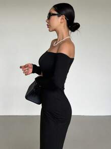 DAZY 女士露肩修身连衣裙，回归校园优雅风 - 黑色 - 查看 6