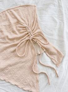 Soleia Ladies' Vacation Style Knit Tube Top, White & Apricot Colored Textured Bandeau Top With Slit And Drawstring, Perfect For Graduation Season Afternoon Tea Party Outfit