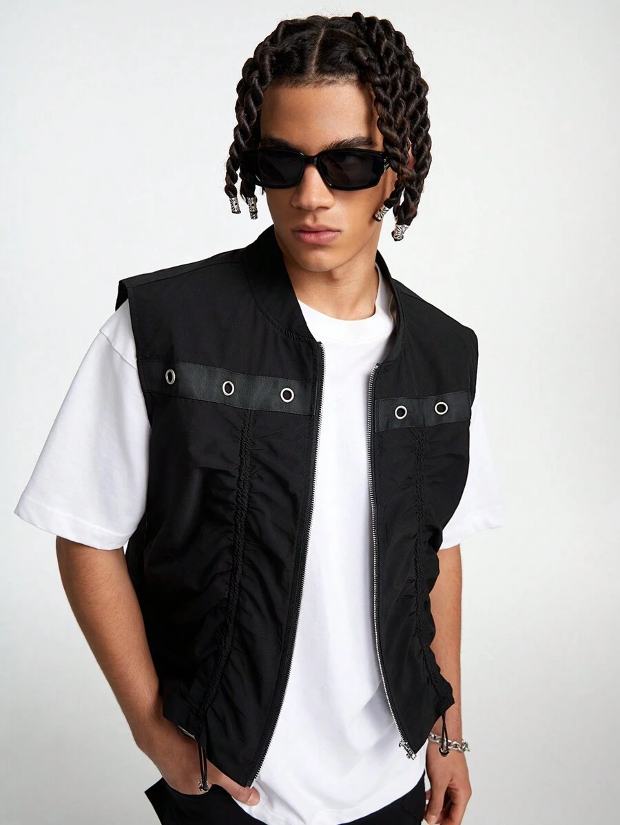 Manfinity VCAY Men's Solid Color Zipper Design Woven Vest, Hip Hop And Popular Style, For Fall Winter - Black - View 1