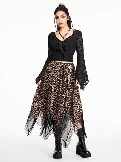 Hippie Jupe asymétrique à ourlet en maille de style bohème avec motif léopard et patchwork en dentelle pour femmes