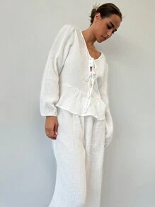 Aloruh Bộ 2 món mới: Áo thiết kế thắt nơ & Quần ống đứng lưng thun, vải họa tiết, trang phục thường ngày, đa năng - Màu be - Xem 3