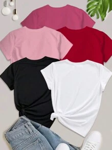 SHEIN MOOSTA 5PCS Women's Slogan Los Angeles MILAN CALIFORNIA PARIS CHICAGO Printed Hot Rhinestone Decoration Round Neck Short-Sleeved T-Shirt Graphic Tees Women Tops