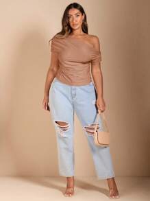 SHEIN BAE Kaos Ukuran Plus - Khaki - View 1