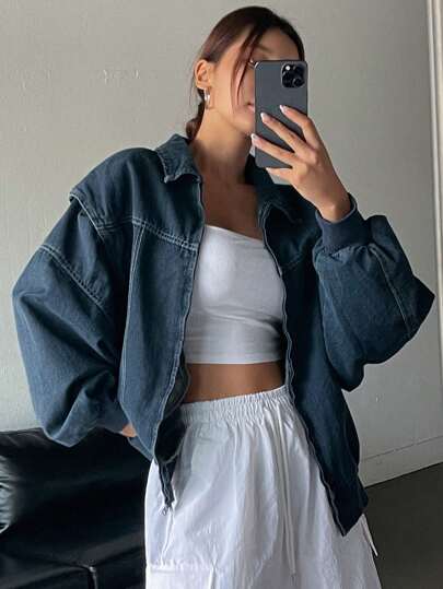DAZY Women's Loose Fit Dropped Shoulder Long Sleeve Casual Denim Jacket, Spring Autumn Y2k,Back To School Clothes