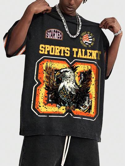 Street Life Men's Summer Eagle Letter Print Round Neck Short Sleeve Tie-Dye Casual Football T-Shirt