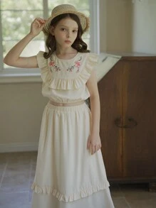 2 Chiếc Tween Girl Thêu Hoa Xù Áo Không Tay Và Váy Maxi Xù Trang Phục Phong Cách Đồng Quê - Rượu sâm banh - Xem 3