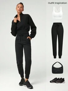 GLOWMODE Everyday Fleece Stand-Up Collar Half-Zip Corset Long Sleeve Sweatshirt Daily Casual Fall Winter - Black - View 6