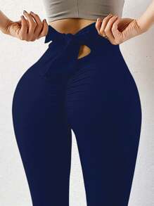 SHEIN Unity Pantalones acampanados con lazo envolvente y calado para mujer - Azul Marino - Ver 1