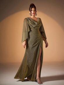 大码女式 Mgiacy 不对称领口撞色喇叭袖前褶开叉下摆正式晚礼服优雅长袖舞会半正式婚礼宾客礼服，适合生日、毕业典礼、返校节 - 金色 - 查看 5