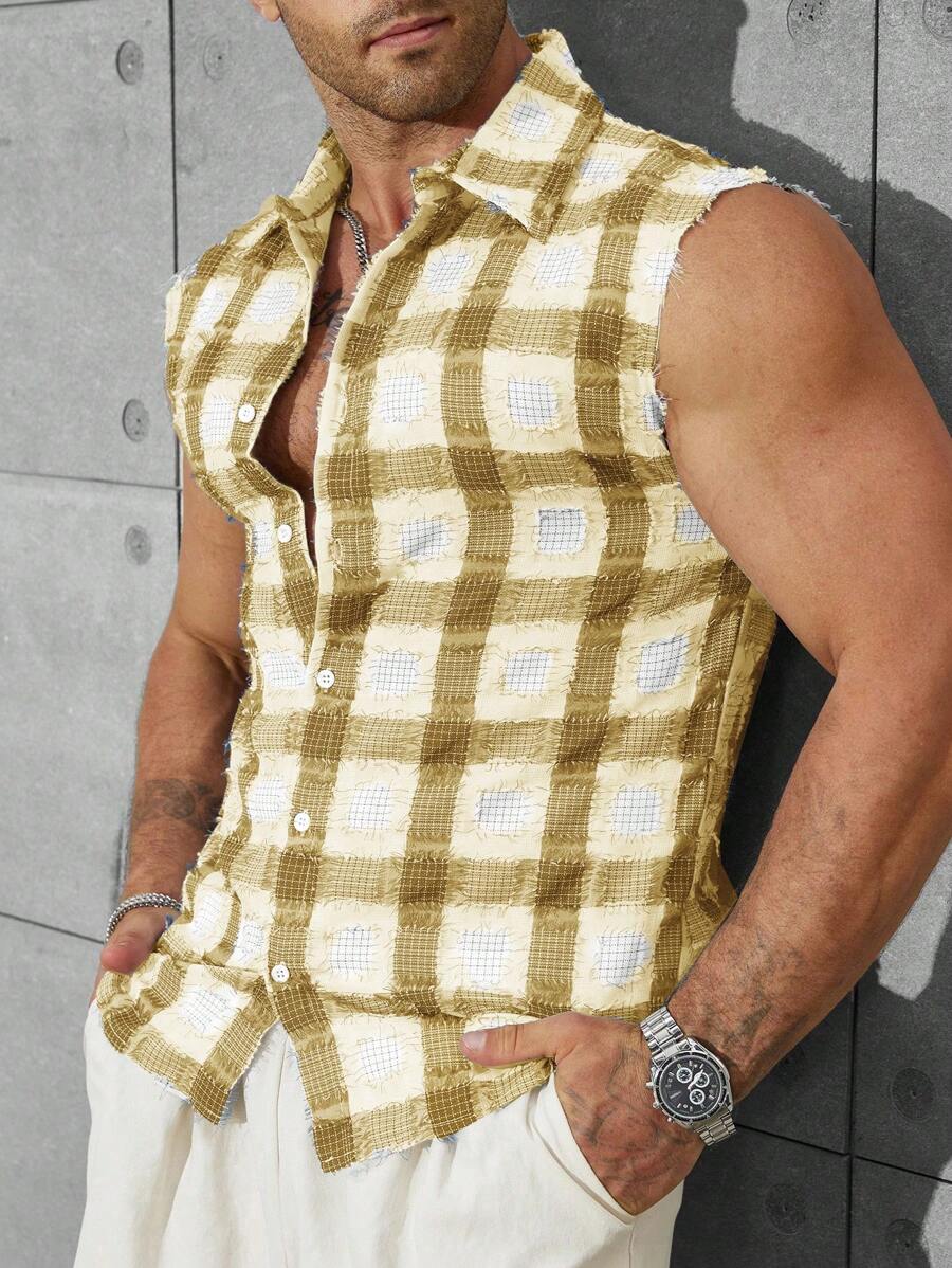 Men's Sleeveless Plaid Print Single-Breasted Casual Shirt For Summer - Apricot - View 1