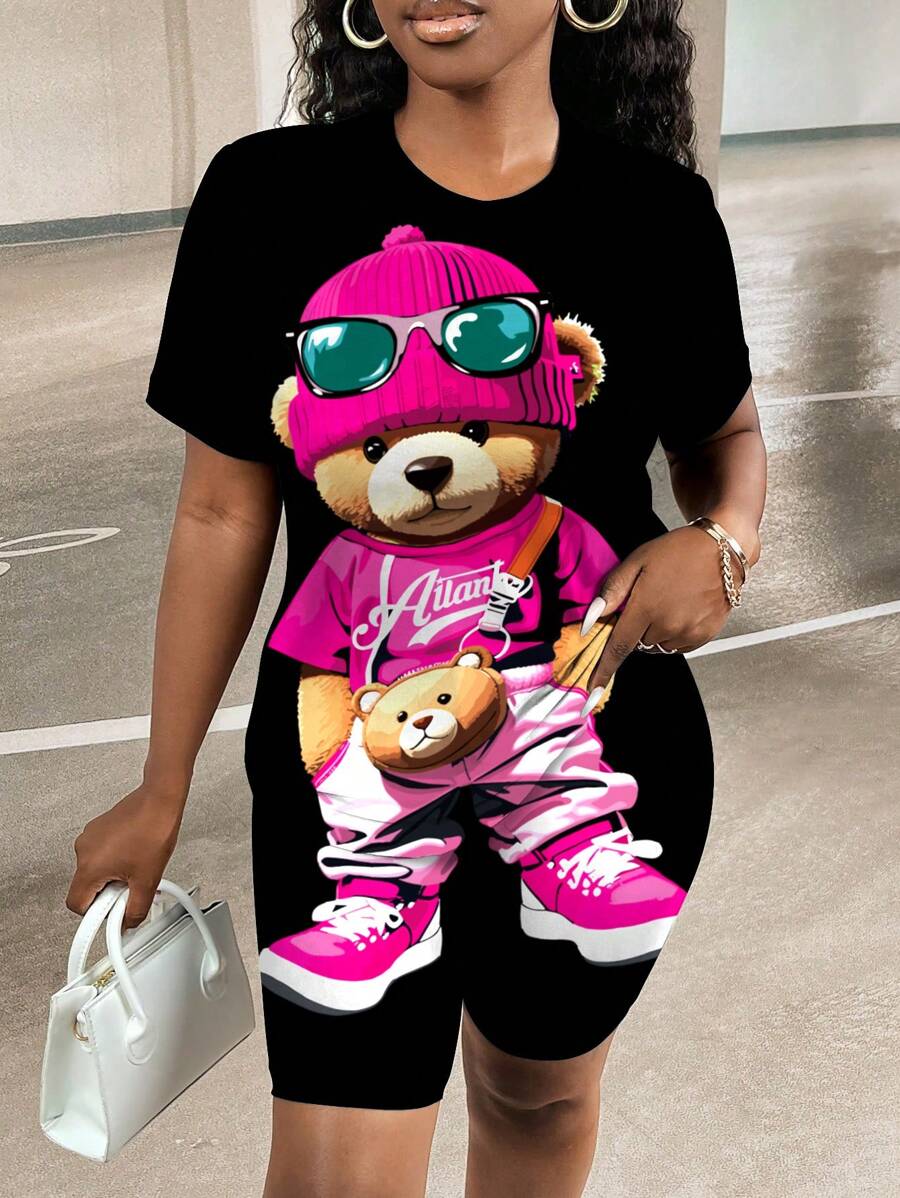 Slaydiva 2 件套女士休闲可爱卡通熊印花短袖 T 恤和短裤夏季服装