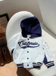 SHEIN Baby Boy/Girl Blue & White Knit Textured Double-Layer Padded Fabric Warm & Comfortable Minimalist Letter Embroidery Contrast Color Hooded Baseball Jacket, All-Match Versatile Sporty Casual Korean Style - Blue and White - View 5