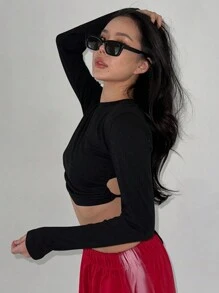 DAZY Camiseta de mujer de unicolor con espalda descubierta y lazo, top halter, volantes, ropa de otoño con mangas largas