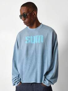 SUMWON Vintage Aesthetic Oversized Washed SUM Sweatshirt Crew Neck Winter Casual Streetwear Jumper Fall Lounge Athleisure Pullover - Blue - View 1