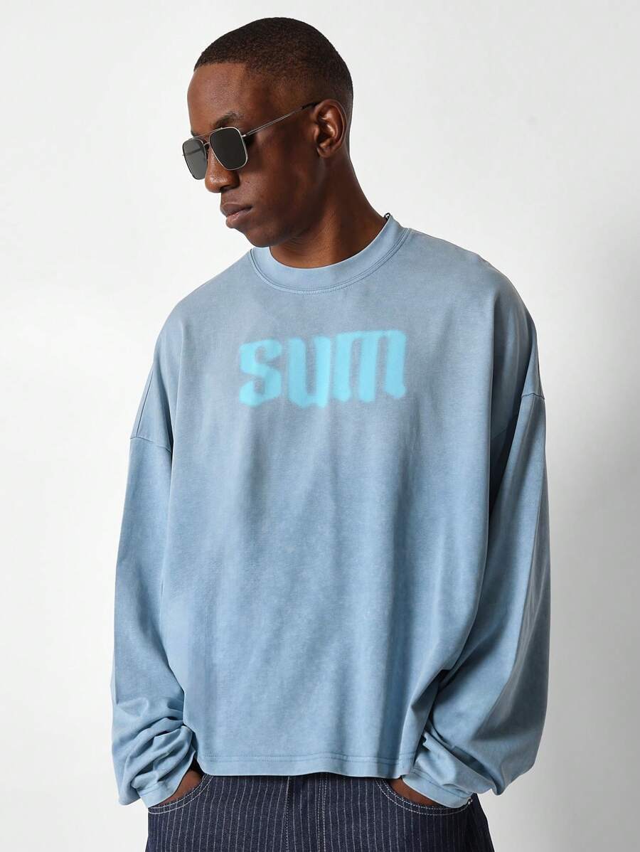SUMWON Vintage Aesthetic Oversized Washed SUM Sweatshirt Crew Neck Winter Casual Streetwear Jumper Fall Lounge Athleisure Pullover - Blue - View 1