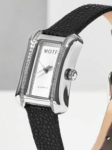 PREMIUM RELOJ DE PULSERA DE CUARZO CON CORREA CUADRADA DE DIAMANTES PARA DAMAS - Negro - Ver 4