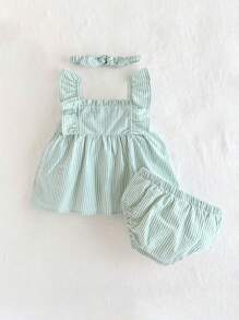 Cozy Pixies 2pcs Baby Girls' Colorful Striped Floral Print Square Neck Short Sleeve Top & Headband Set
