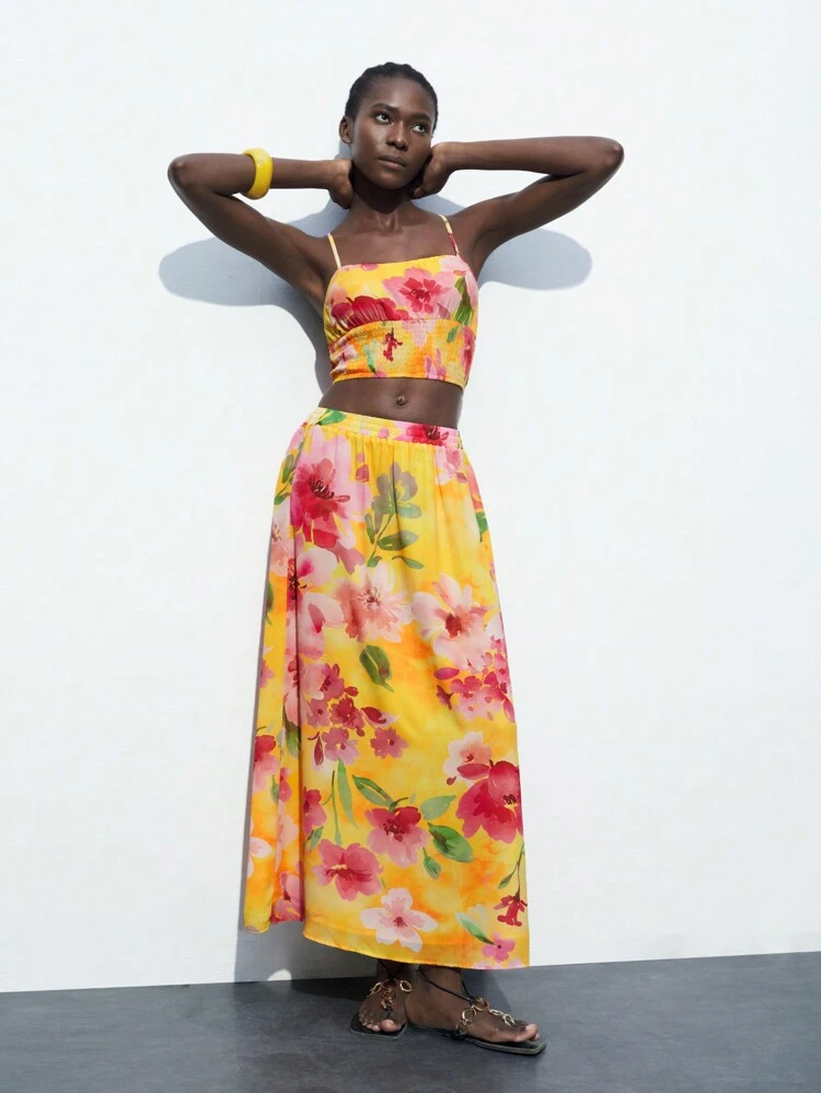 SHEIN Maija 2pcs Women's Floral Print Camisole Top And Maxi Skirt Two Pieces Vacation Set