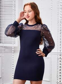 少女仿珍珠串珠撞色网眼泡泡袖连衣裙夜间外出派对连衣裙 - 藏蓝色 - 查看 5