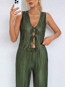 SHEIN Unity Conjunto de top sin mangas y pantalones largos de unicolor para mujer para uso diario - Verde - Ver 5