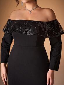 Plus Size Mgiacy Off-Shoulder Long Sleeve Ruffled Sequin Embroidered Lace Patchwork Mermaid Dress, Formal Evening Prom Gown, For Wedding Guest, Graduation, Dinner