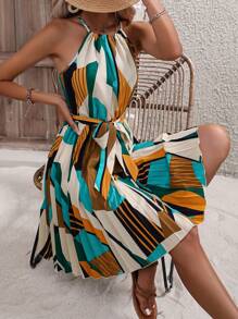 Breezaya Abito da donna con stampa geometrica, cintura annodatura dietro il collo, look da vacanza e spiaggia