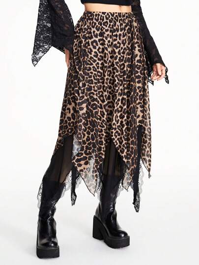 Hippie Gonna asimmetrica con orlo in pizzo e rete stile bohémien con stampa leopardata per donne