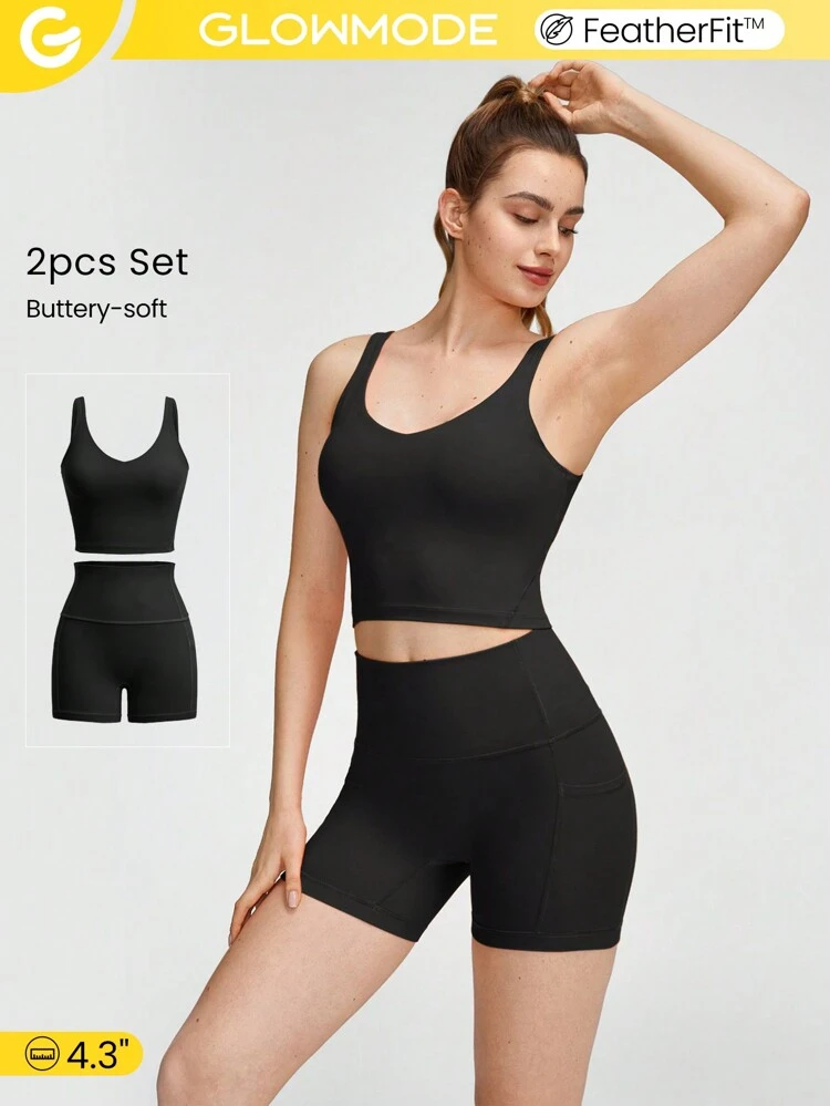 Conjunto de Regata Curta Ativa de Costas em U FeatherFit™ e Shorts Ciclista de Controle da Barriga de 4,3 polegadas, Ioga de Baixo Impacto para Uso Diário