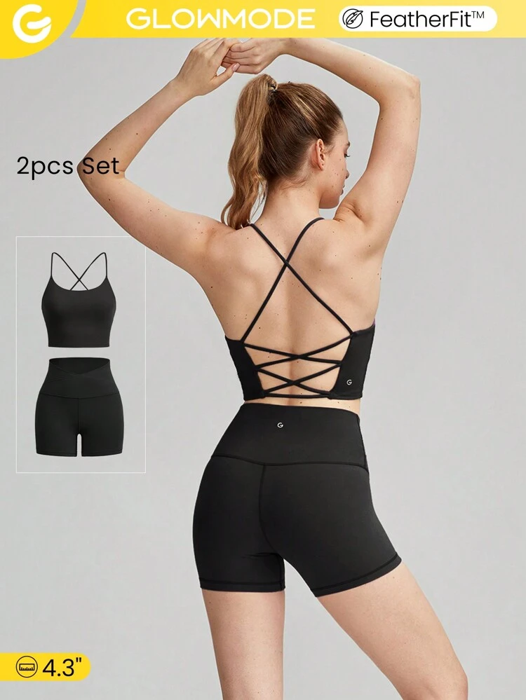 2 Pieces FeatherFit™ Sports Bra & 4.3'' Shorts Set Crisscross Back Bra Tank Top With Crossover Biker Shorts Low Impact Yoga Pilates Daily Running Gym Workout Summer