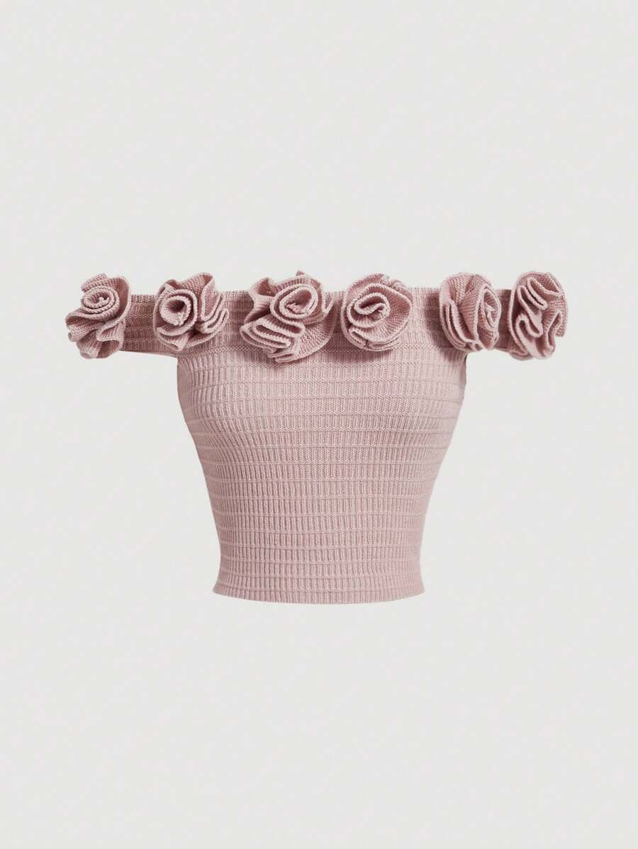 SHEIN MOD Fall And Summer Pink Off-Shoulder Knitted Crop Top With 3D Flower,Women's Cropped Sweater,Back To School, - Pink - View 1