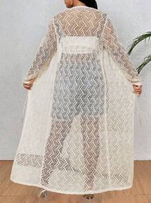 SHEIN CURVE+ Plus Pointelle Knit Cardigan, Spring Break - Apricot - View 2