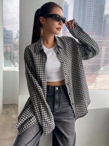 DAZY 女士休闲格子宽松落肩衬衫春夏季法兰绒女装秋季女装长袖上衣 - 黑色 - 查看 5