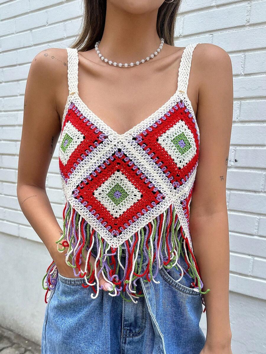 DAZY Áo hai dây dệt kim tua rua in họa tiết hình học cho nữ, áo kiểu babydoll đi nghỉ mát, áo phong cách boho cho trang phục đi du lịch biển cho nữ. - Đỏ - Xem 1