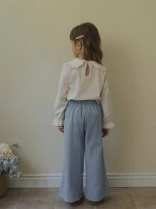 SHEIN Vintaside Kids 年轻女孩亚麻舒适蓝色荷叶边喇叭腿宽裤，适合夏季/秋季/冬季，休闲，户外，野餐，日常穿着年轻女孩阔腿裤