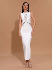New White Sexy Mesh Splice Sleeveless Rhinestone Bandage Dress, Women's Formal Evening Party Gown - White - View 8