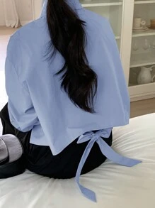 DAZY 女士纯色长袖翻领系带衬衫，秋装