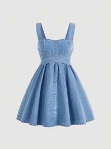 SHEIN Frenchy Women's Solid Color Criss-Cross Strap Sleeveless Denim Dress