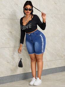 SHEIN SXY 大码女式纯色简约日常牛仔短裤 - 深色水洗藍 - 查看 6