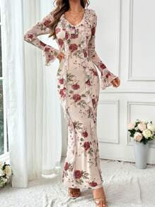 Firerie Women's Romantic Floral Printed Long Sleeve Dress, With Ruffle Hem,Long Flared Sleeve Dress,Fishtail Hem Long Dress,Fall Dresses,Homecoming Dresses,Boho Dress,Elegant Dress For Daily, Commuting, Holiday, Party, Dating