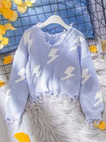 Suéter informal suelto de punto suave con estampado de rayo y dobladillo deshilachado de para niña preadolescente, azul
