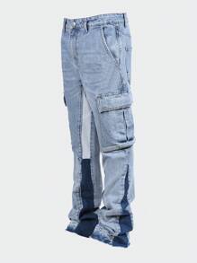 ROMWE MEN Men's Patchwork Color Block Flared Leg Street Casual Cargo Jeans Pants, School - Blue - View 1