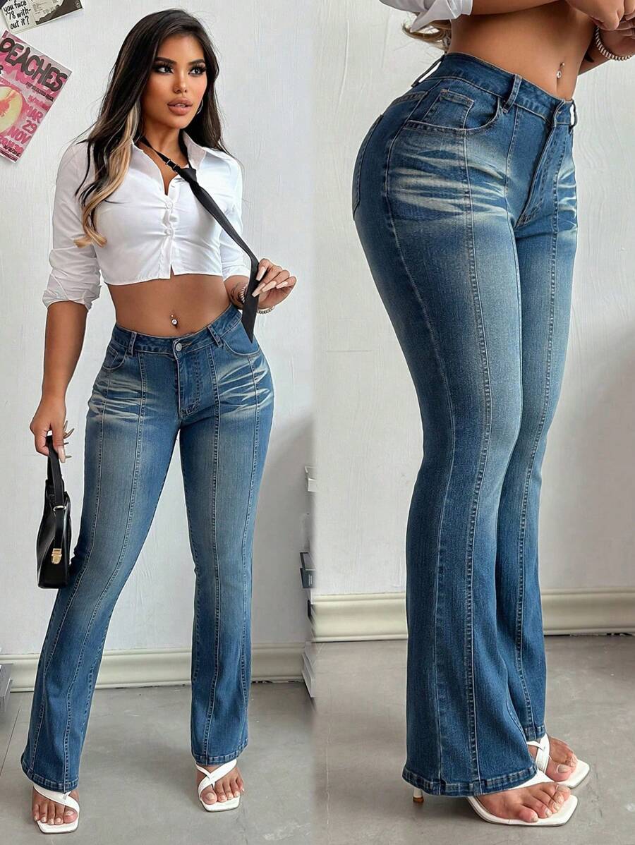 SHEIN SXY Women Slant Pocket Flare Leg Jeans - Blue - View 1