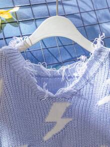 Suéter informal suelto de punto suave con estampado de rayo y dobladillo deshilachado de para niña preadolescente, azul