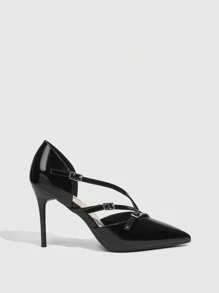 CUCCOO SZL Zapatos de tacón alto de punta en PU con hebilla y rayas negras, para ir al trabajo y salir en citas - Negro - Ver 3