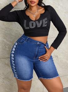 SHEIN SXY 大码女式纯色简约日常牛仔短裤 - 深色水洗藍 - 查看 1