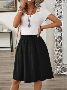 EMERY ROSE Women's Summer Casual Button Decor Skirt - Black - View 5