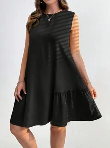 SHEIN Essnce Plus Size Women's Summer Casual Vacation Loose And Comfortable Khaki Vest Dress, Summer Women's Clothes,Summer Short Skirts, Teacher's Clothes, Beach Women's Clothes