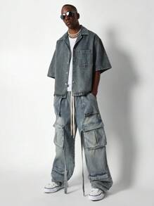 SUMWON Washed Faded Baggy Fit Pull On Multi Pocket Cargo Jean - Blue - View 3